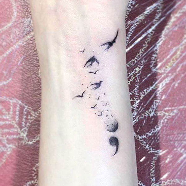 semicolon fading like dandelion bird tattoo