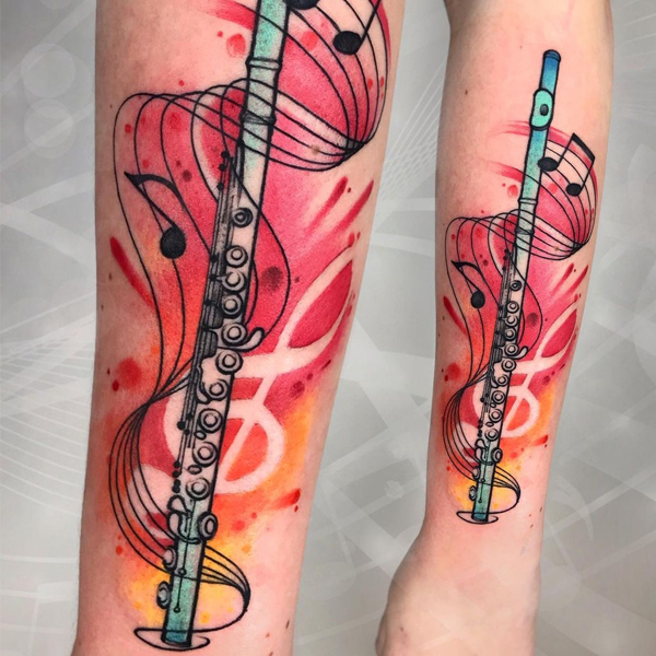 Watercolor Flute musical instrument tattoo