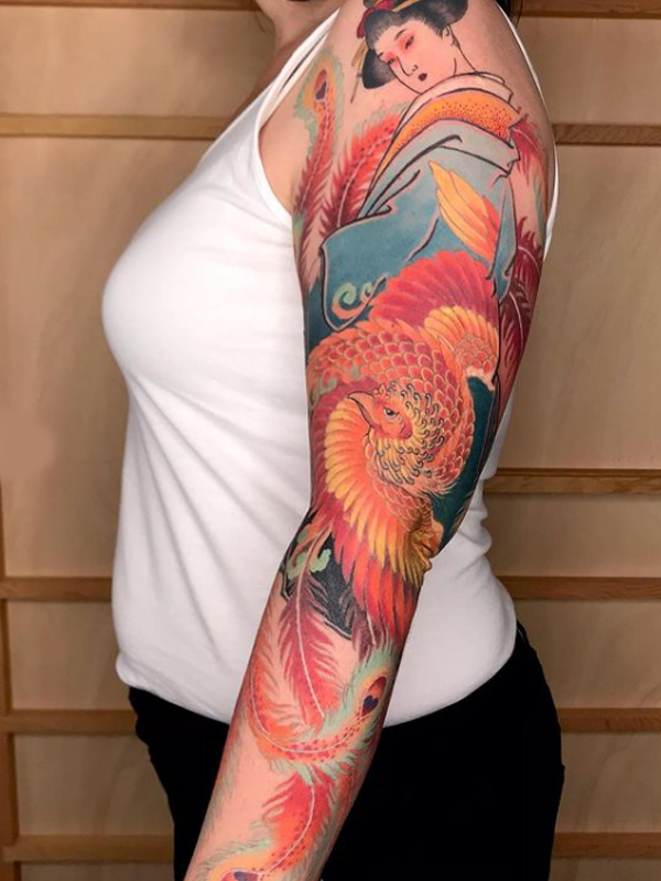 Bright colorful phoenix tattoo