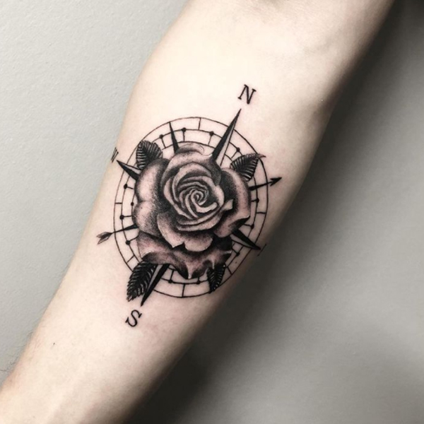 Superb compass and rose flower tattoo