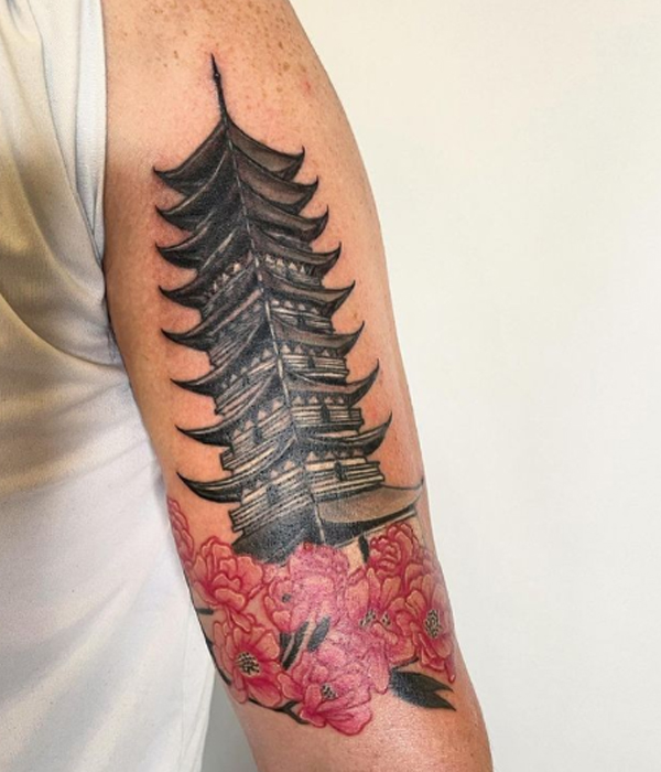 Beautiful Buddhist temple and cherry blossom flower tattoo design