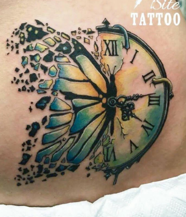 Beautiful broken clock and butterfly tattoo design