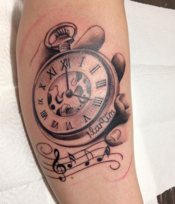 Stunning roman clock and musical tattoo design