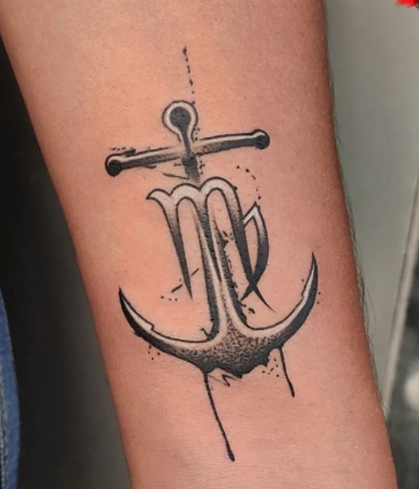  Elegant anchor with zodiac sign tattoo