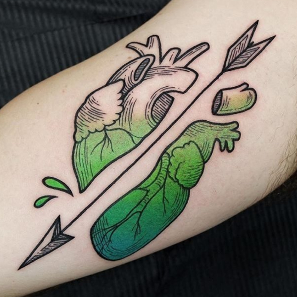 Awesome arrow and heart colorful tattoo 