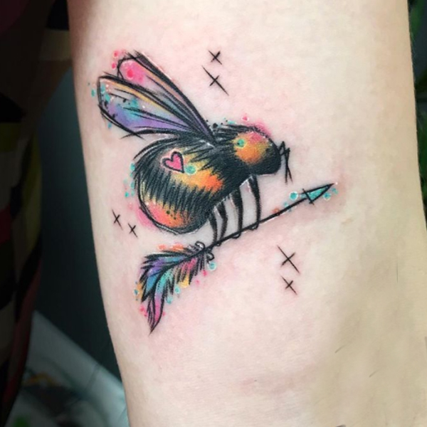 Creative colorful arrow and honeybee tattoo design