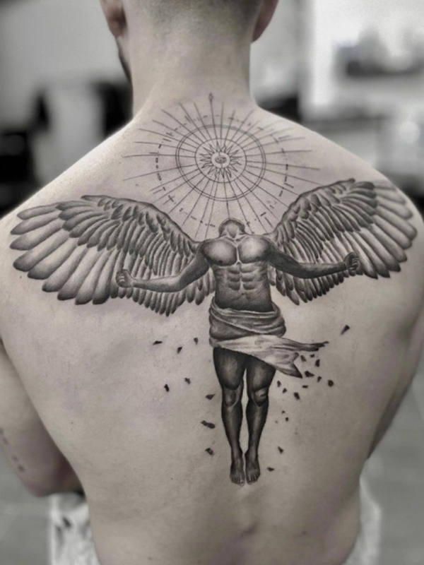 Stunning black and grey falling angel tattoo design