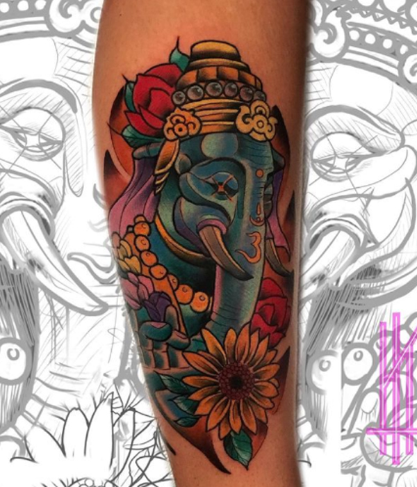 Awesome blue color Lord Ganesha tattoo