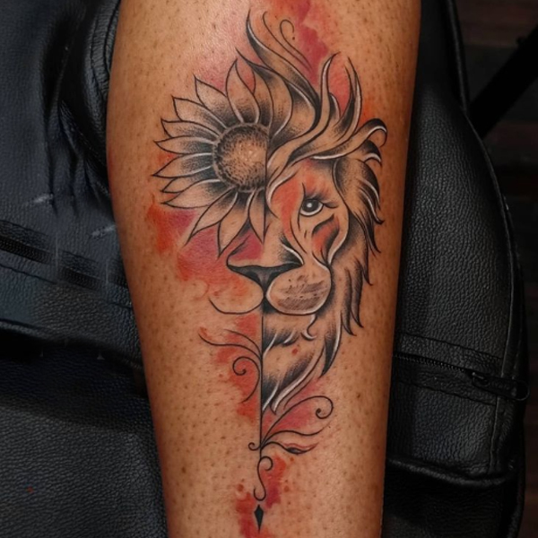 Creative customize lion and sunflower watercolor tattoo