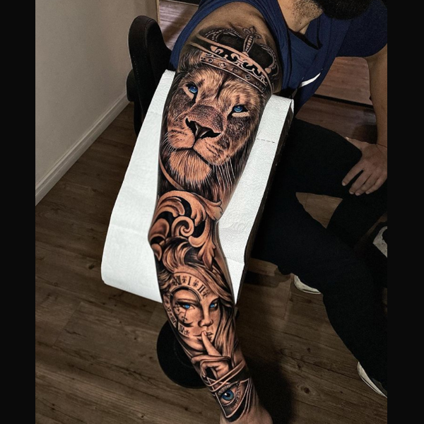 Stunning Lion and girl theme full sleeve tattoo design