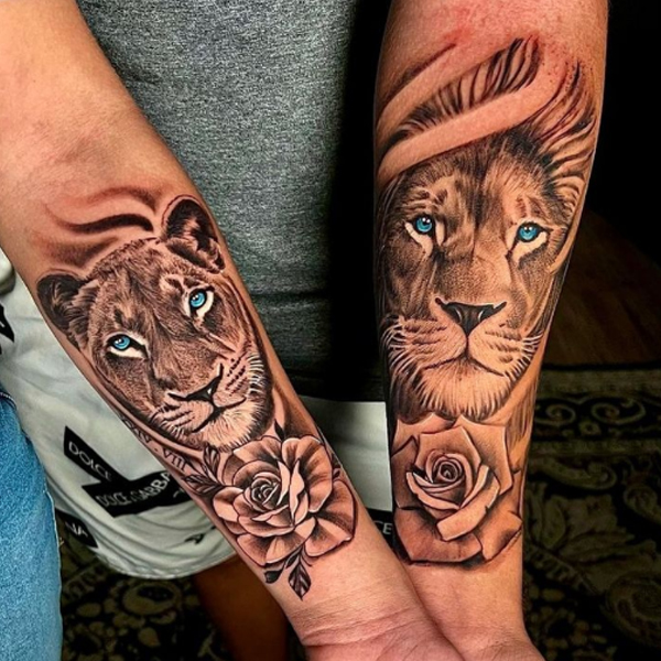 Awesome rose and lion matching couple tattoo designs