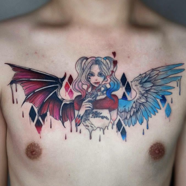 Amazing red and blue wings and Harley queen, joker tattoo design