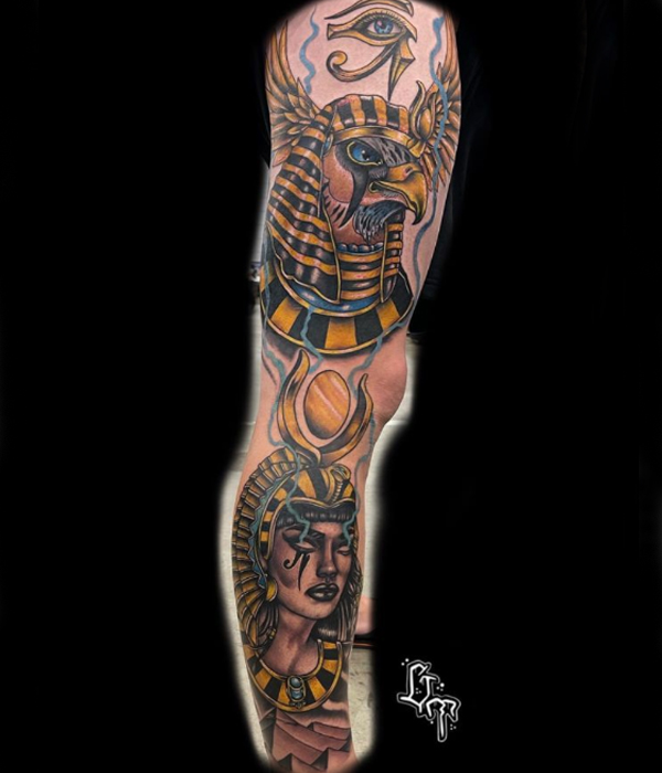 Outstanding Colorful Egyptian theme leg tattoo design