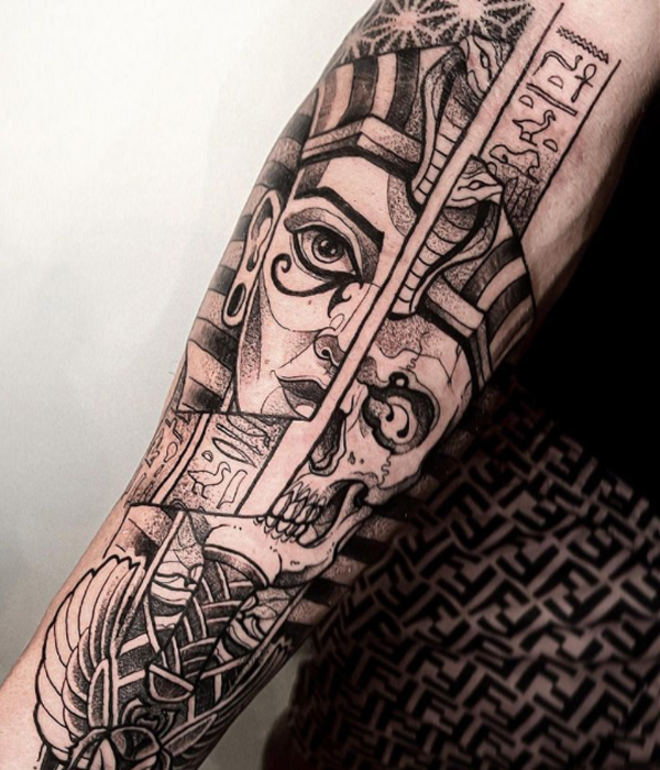 Black and grey Egyptian half-face King tut and a half-skull tattoo design